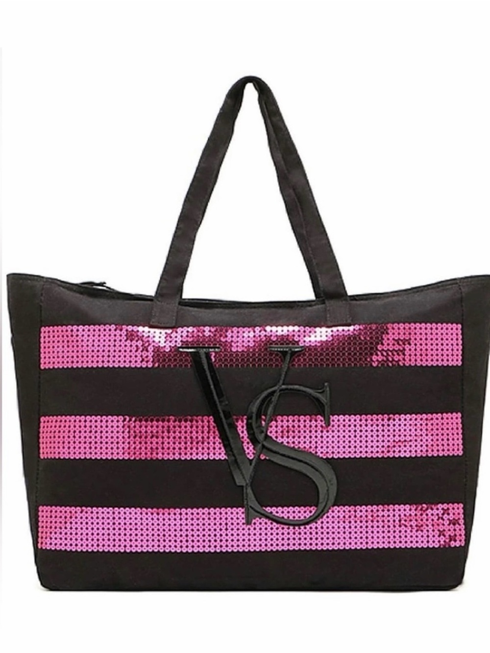 Victoria's Secret Oversized Black Tote w/ Pink Sequin Stripes